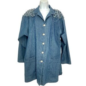 Vintage Blue Denim Chore Jacket Embellished Shoulders Back Womens 12 L
